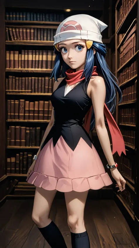 <lora:DawnP2:0.8> zzDawn, blue hair, blue eyes, sidelocks, long hair, zzDawn, blue hair, blue eyes, sidelocks, long hair, bare shoulders, beanie, black shirt, black socks, bracelet, hat, jewelry, kneehighs, miniskirt, pink skirt, red scarf, scarf, shirt, skirt, sleeveless, sleeveless shirt, white headwear, <lora:Dark_Academia_PDXL:0.8> zzDarkAcademia, indoors, dark theme, books, bookshelf, window, <lora:RealisticAnime:0.8> (ultra realistic, 32k, masterpiece:1.2), (high detailed skin:1.1), (high quality:1.1), bokeh, luminescent background,, score 9, score 8 up, score 7 up, score 6 up, score 5 up, score 4 up,