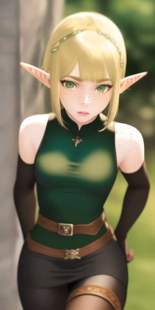 masterpiece, beautiful, detailed, realistic, <lora:wakfu_evangelyne:1>, 1 woman, solo, adult, mature woman, realistic green eyes, (bangs:1.3), short blonde hair, elf ears, (freckles:1.2), black shirt, black miniskirt, black leggings, gloves, brown belt, brown thigh boots, bare shoulders, (body freckles:1),
