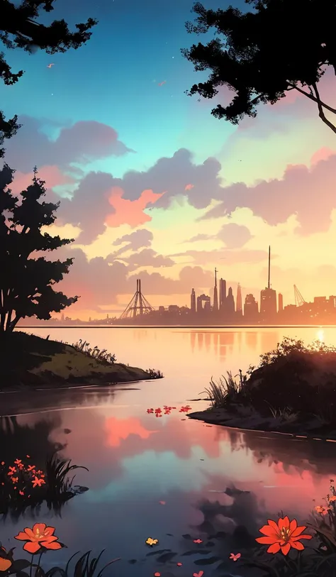 gemshadow,no humans, sky, cloud,structure,cityscape,scenery, star (sky), water, flower, <lora:GEMSHADOW-noise-common:1>