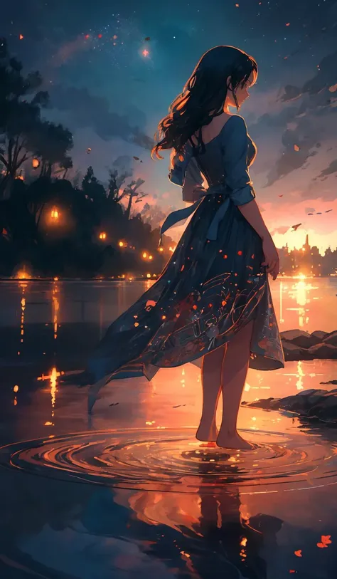 gemshadow,1girl, dress, solo, flower, long hair, standing, black dress, puffy sleeves, sky, cloud, holding, blue dress, star (sky), water, holding flower, shoes, profile<lora:GEMSHADOWv2:1>