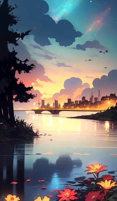 gemshadow,no humans, sky, cloud,city,structure,cityscape,scenery, star (sky), flower, <lora:GEMSHADOW-noise-common:1>