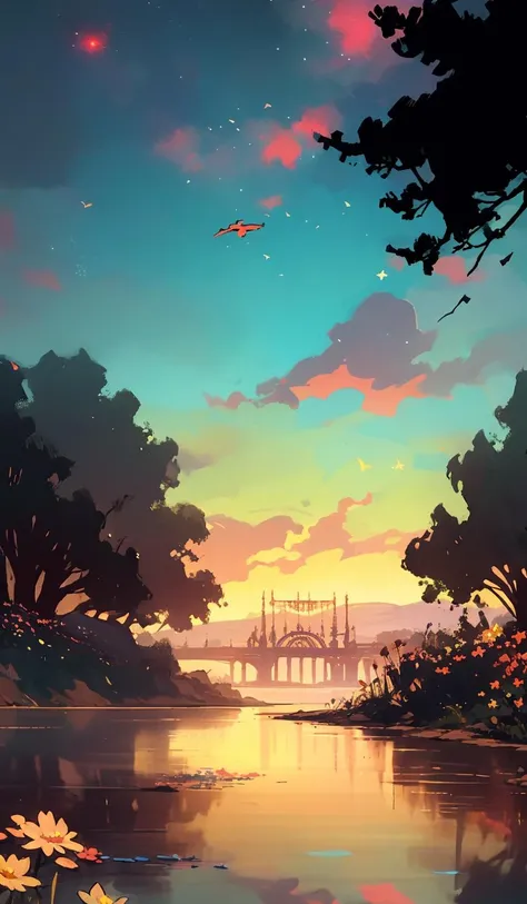 gemshadow,no humans, sky, cloud,structure,cityscape,scenery, star (sky), water, flower, <lora:GEMSHADOW-noise-common:1>
