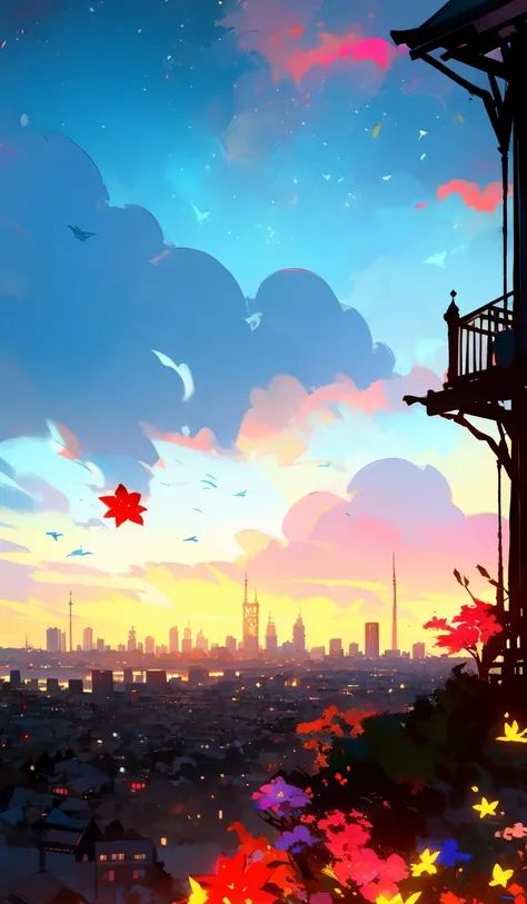 gemshadow,no humans, sky, cloud,city,structure,cityscape,scenery, star (sky), flower, <lora:GEMSHADOW-noise-common:1>