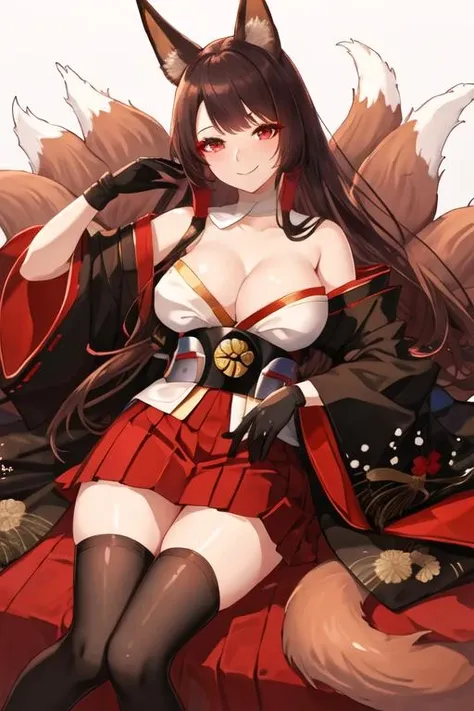 best quality, masterpiece, highres, solo, {akagi_azurlane:1.15}, animal_ears, long_hair, fox_ears, red_eyes, brown_hair, breasts, bangs, large_breasts, tail, fox_tail, multiple_tails, smile, cleavage, fox_girl, animal_ear_fluff, 1girl, japanese_clothes, kimono, looking_at_viewer, pleated_skirt, red_skirt, skirt, wide_sleeves, blunt_bangs, closed_mouth, hakama, kitsune, long_sleeves, black_kimono, gloves, makeup, black_gloves, black_hair, black_thighhighs, eyeshadow, hakama_short_skirt, hakama_skirt, sitting, thighhighs