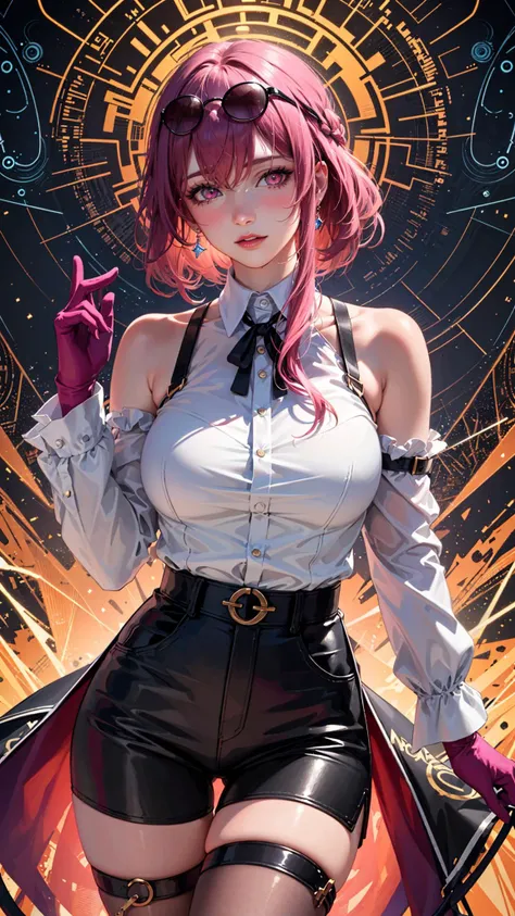 (masterpiece, top quality, best quality, official art, beautiful and aesthetic:1.2), (1girl), extreme detailed,(colorful:1.3),highest detailed, 1girl, solo, eyewear on head, gloves, large breasts, looking at viewer, shirt, sunglasses, bangs, white shirt, long sleeves, pantyhose, pink hair, pink eyes, shorts, blush, thigh strap, bare shoulders, purple hair, cowboy shot, hair between eyes, collared shirt, thigh gap, parted lips, standing,realistic,shiny skin,(mature female:1.2), (fractal art:1.3), wit pussy, huge orgasm,fingering , huge orgasm, sexual fluids, spreads pussy, tight clothing, Squirting