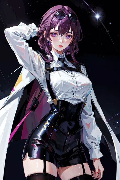 (masterpiece, best quality), star-kafka, white shirt, black cape, tight black short pants, black stockings, hair between eyes, purple hair, eyewear on head, mature female, dark space background, sky starring, <lora:kafka-v2-naivae-final-6ep:0.7>