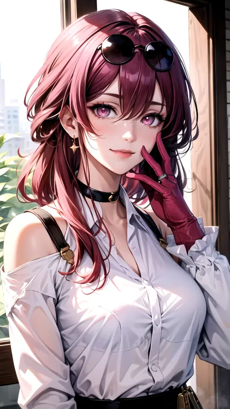 (masterpiece, best quality:1.2), 1girl, jewelry, solo, earrings, gloves, eyewear on head, sunglasses, looking at viewer, smile, long hair, ring, bangs, red hair, white shirt, closed mouth, shirt, pink eyes, hand on own face, long sleeves, upper body,large breasts, choker, hair between eyes, hand up, round eyewear, bare shoulders,watercolor \(medium\),star-kafka,(shiny skin),(mature female:1.2), <lora:kafka-v2-naivae-final:0.7>