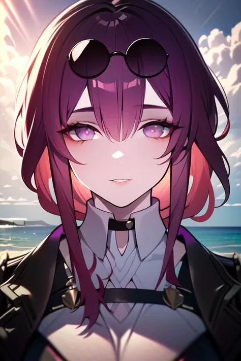 (8k, RAW photo, best quality, masterpiece:1.2), highres, absurdres, sun, standing, beach, 1girl, (colorful),(finely detailed beautiful eyes and detailed face), purple bikini, cinematic lighting, upper body, extremely detailed CG unity 8k wallpaper, <lora:kafka-v1.5-lora-novaeany-64dim:1> , star-kafka, eyewear on head, purple hair, sunglasses, red gloves, hair between eyes
