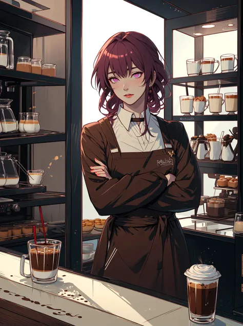 ((masterpiece)), Kafka Honkai: Star Rail, Kafka, 1girl, purple eyes, solo focus, correct anatomy, ((soft coloring)), (dimmed light:1.1), brown apron, (barista:1.2), coffee shop, glass display case pastry, (garland), crossed arms, <lora:kafka-v3-nai-13ep-resize:1>,