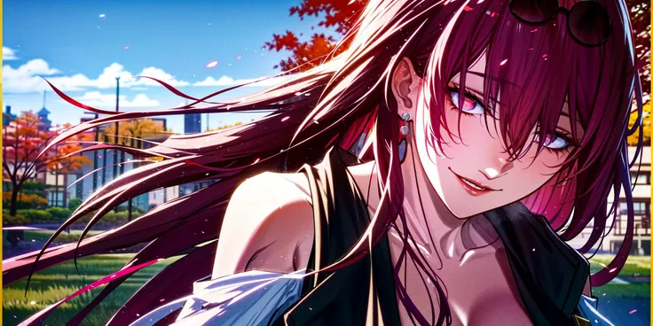 (mature female, huge breast:1.3), (highres, masterpiece, best quality:1.4), star-kafka, eyewear on head, purple hair, sunglasses, red gloves, <(masterpiece, realistic:1.3), (extremely intricate:1.2)>, portrait of a girl, (face:1.2), Floating hair, wind, clouds, sunshine, (sunshine on face:1.5),movie light, bangs, face close-up, sky background, oil painting texture, clear hair, light hair, flowers, girls, smiles, bright eyes, single line shoulder, collarbone, shirt, autumn, bare shoulder, bare tree, black hair, branch, cherry blossom, cleavage,coat, (robe:1.21), collarbone, earrings, gray background, hair accessories, Hanfu, jewelry, lips, long hair, sitting, tassel, tree, wide sleeves, see through clothes, translucent clothes, silk, Shuke walking horse, negative space, ink painting, standing woman portrait, Willow Branch, (Masterpiece best quality :1.2), traditional Chinese ink painting, model shooting style, peace, looking at the audience, wearing long Hanfu, Song, Willow as background, Ochangshuo, shirt, nsfw whole body, head to toe, natural body, girly feeling, flying hair, (glowing eyes:1.3),