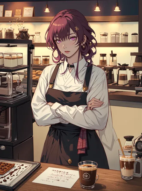 ((masterpiece)), Kafka Honkai: Star Rail, Kafka, 1girl, purple eyes, solo focus, correct anatomy, ((soft coloring)), (dimmed light:1.1), brown apron, (barista:1.2), coffee shop, glass display case pastry, (garland), crossed arms, <lora:kafka-v3-nai-13ep-resize:1>,