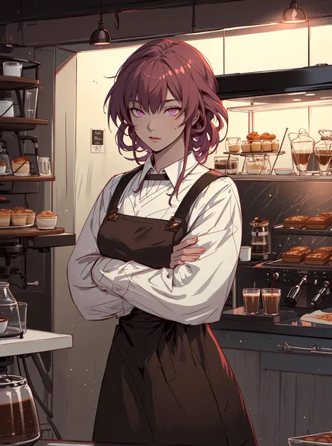 ((masterpiece)), Kafka Honkai: Star Rail, Kafka, 1girl, purple eyes, solo focus, correct anatomy, ((soft coloring)), (dimmed light:1.1), brown apron, (barista:1.2), coffee shop, glass display case pastry, (garland), crossed arms, <lora:kafka-v3-nai-13ep-resize:1>,