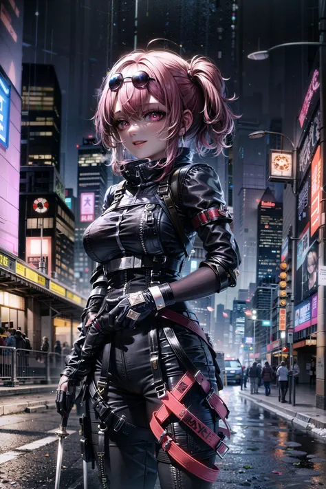 1girl, standing, cowboy shot, <lora:HSRKafka:0.7> star-kafka, pink hair, pink eyes, eyewear on head, sunglasses, large breasts, parted lips, <lora:urbansamurai_v0.3:0.8> urbansamurai, clothing, style, techwear, katana, building, city, city lights, cityscape, skyscraper, neon lights, rain, skyline, night, tokyo \(city\), street, car, lights, outdoors, reflection, wet, crosswalk, studio ghibli,
<lora:BG - Ghibli:0.7>, masterpiece, best quality, detailed, sidelighting, lustrous skin,