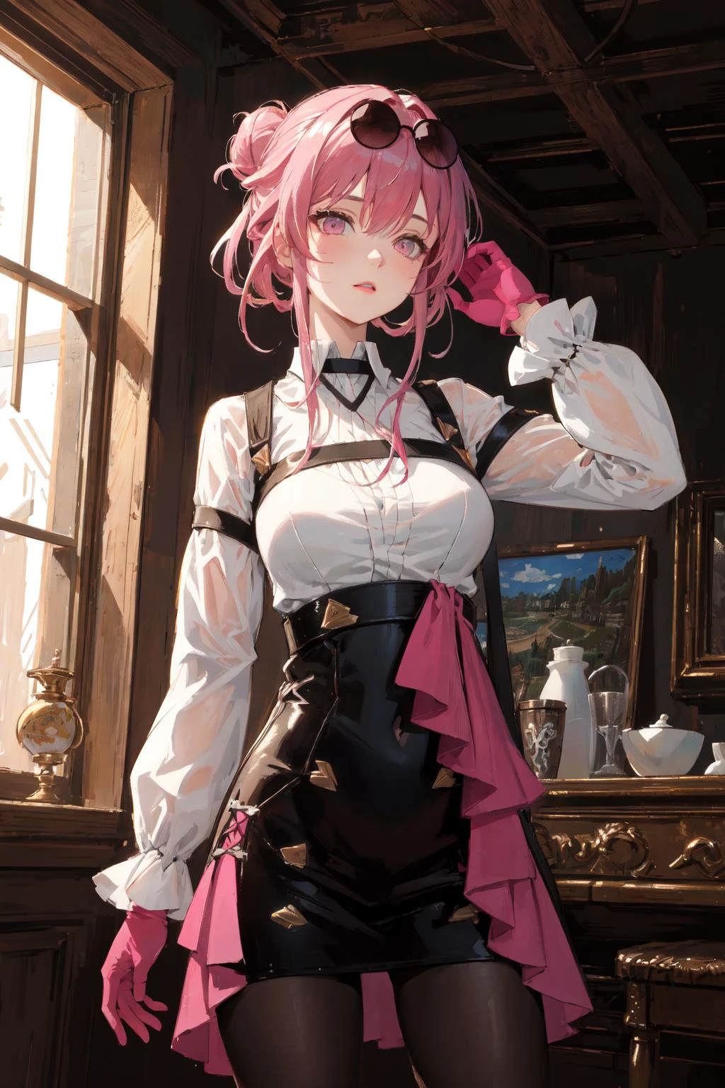 (best art, :1.3),
good detailed, (glowing background),
best quality, wide-angle Hyperdetailed, masterpiece, 8k, natural lighting, soft lighting, sunlight, HDR (High Dynamic Range), Maximum Clarity And Sharpness, Multi-Layered Textures,
<lora:kafka-v3-nai-13ep-resize:0.8> star-kafka, pink hair, hair bun, eyewear on head, shirt, gloves, sunglasses, mature female