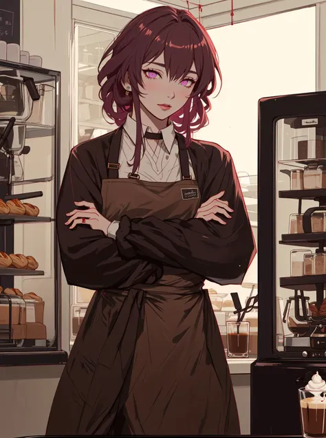 ((masterpiece)), Kafka Honkai: Star Rail, Kafka, 1girl, purple eyes, solo focus, correct anatomy, ((soft coloring)), (dimmed light:1.1), brown apron, (barista:1.2), coffee shop, glass display case pastry, (garland), crossed arms, <lora:kafka-v3-nai-13ep-resize:1>,