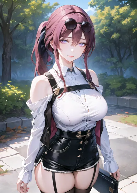((masterpiece)), ((best quality)), ((8k)), HDR, (high resolution), (((extremely detailed))), ((perfect anatomy)), realistic light, rtx, realistic shadows, 1girl, official, purple eyes, (empty eyes:1.2), star-kafka, large breasts, mature female, eyewear on head, sunglasses, closed mouth, smile, looking at viewer, purple hair, ponytail, long hair, hair between eyes, bangs, wide hips, thighhighs, thick thighs, solo, taut clothes, tights, garter straps, lace trim, black jacket, jacket on shoulders, shirt, shorts, long sleeves, accurate arms and fingers, ((intricate details)), hdr, ((intricate details, hyperdetailed))