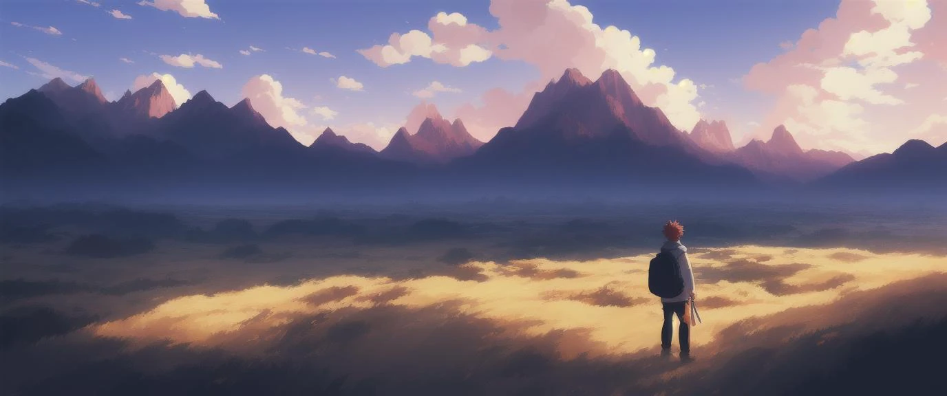 a red bearded young man, red hair, mountains in background, golden ratio, realistic detail, trending pixiv fanbox, style of makoto shinkai studio ghibli genshin impact james gilleard greg rutkowski chiho aoshima