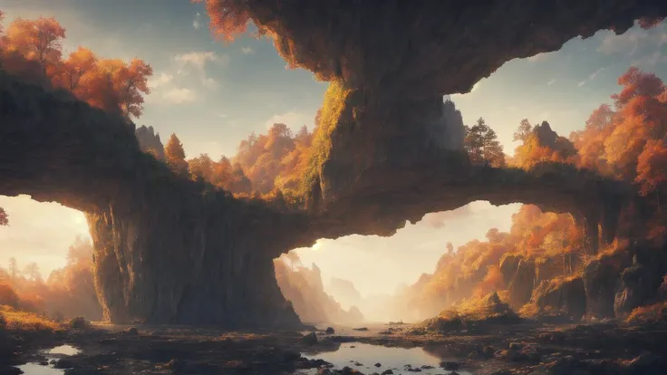 (masterpiece, best illustration, no humans), anime background, fantasy fortress in autumn, rock formations, semi realistic, dreamscape, award winning masterpiece with incredible details, liminal space, highly detailed, cinematic ,rim lighting ,octane render, wvebg1, bganidusk