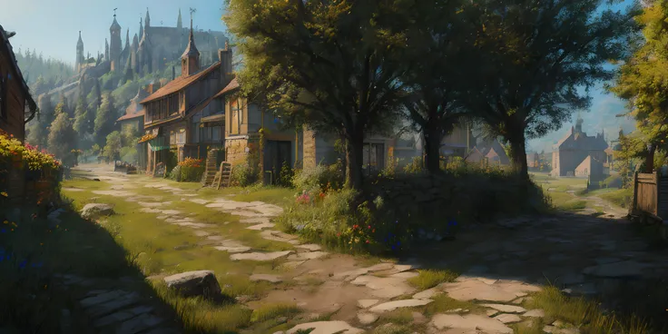 Illustration, oil painting, masterpiece, artstation, wallpaper, some historical Italian buildings with different colors each, trees, stone pines, flowers, summer vibes, old town, eveniong, golden hour, witcher 3, toussaint witcher 3, beauclair witcher 3, colorful, perfect light, dappled sunlight, realistic shadows, shade, Evgeny Lushpin, a detailed matte painting, magic realism, south europe, mediterranean, (italian:1.2), <lora:add_detail:0.4>, fantasy theme, <lora:jkrz - JakubRozalskiStyle:0.7>