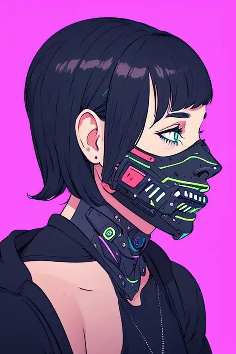 <lora:KoyÐ¾rinCyberpunkV2:1>, (best quality, ), (masterpiece), (absurdres), 1girl, black hair, bangs, bob cut, green eys, cyberpunk mask, mouth mask, flat color, portrait, cyberpunk, cyborg, neon colors, neon palette, looking to the side, from side, simple background, pink background, blue background