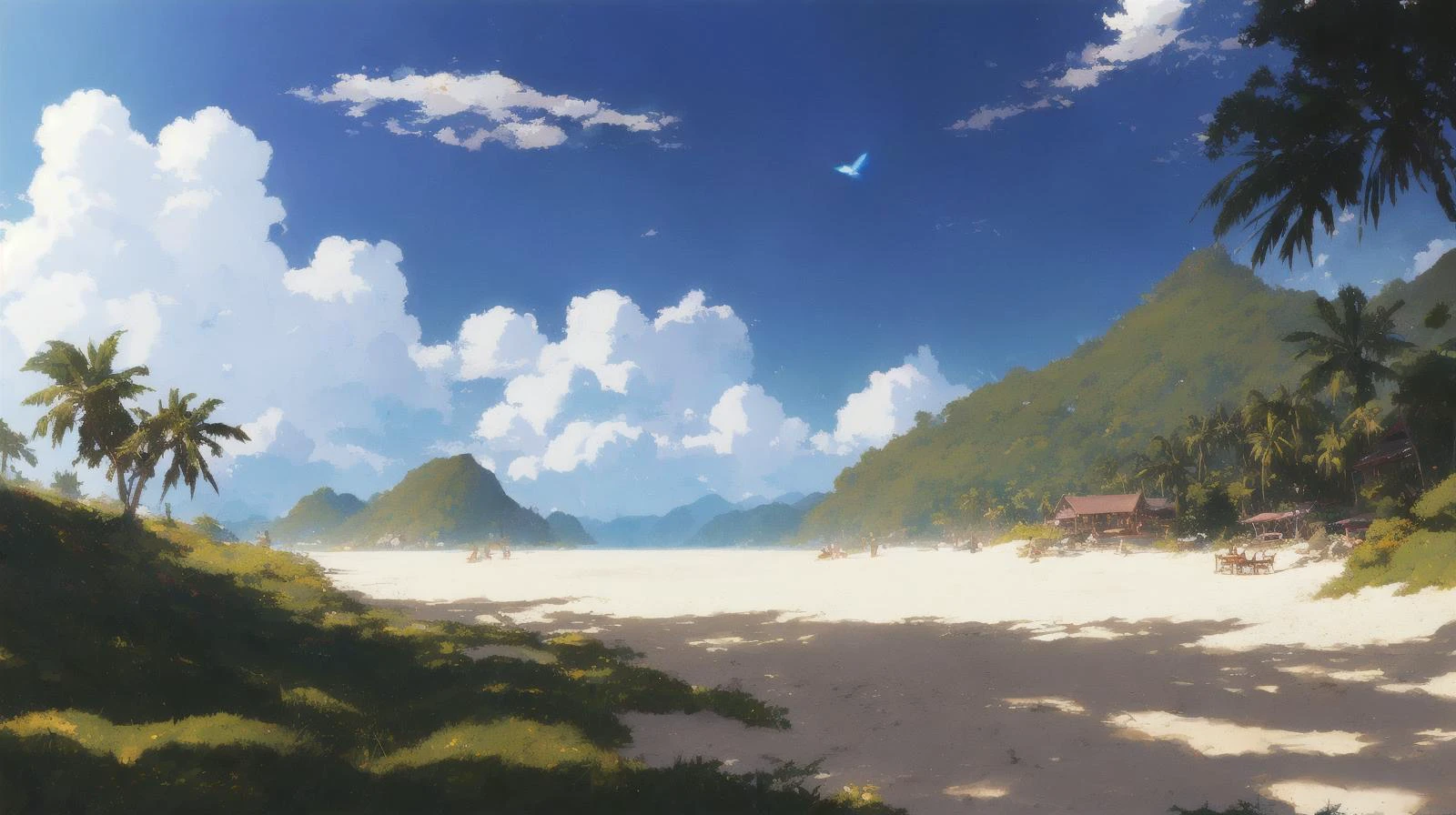 CARIBEAN BEACH, NATURE, PALM TREE, BLUE SKY, SUNNNY DAY, SEA, anime style, anime, trending on pixiv fanbox, style of makoto shinkai jamie wyeth james gilleard edward hopper greg rutkowski studio ghibli genshin impact, sharp focus, studio photo, intricate details, highly detailed, by greg rutkowski, trending on artstation, sharp focus, studio photo, intricate details, highly detailed, by greg rutkowski, HIGHLY REALISTIC, HIGHTLY DETAILED, HIGH DEFINITION, golden ratio,