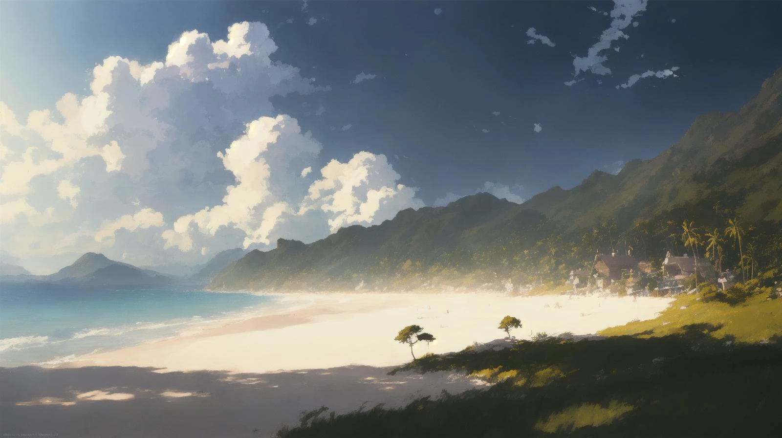CARIBEAN BEACH, NATURE, PALM TREE, BLUE SKY, SUNNNY DAY, SEA, anime style, anime, trending on pixiv fanbox, style of makoto shinkai jamie wyeth james gilleard edward hopper greg rutkowski studio ghibli genshin impact, sharp focus, studio photo, intricate details, highly detailed, by greg rutkowski, trending on artstation, sharp focus, studio photo, intricate details, highly detailed, by greg rutkowski, HIGHLY REALISTIC, HIGHTLY DETAILED, HIGH DEFINITION, golden ratio,