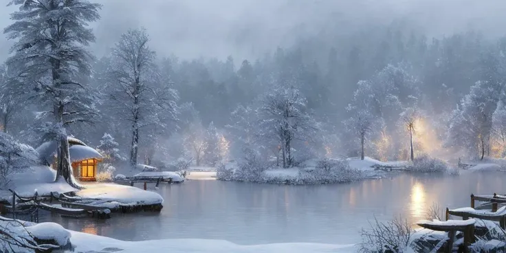 8k, breathtaking, view of a snowy forest by the riverside, riverside village, morning lake mist, masterpiece, highly detailed, undefined, snow, mist, style-nebmagic.