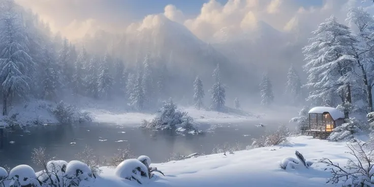 8k, breathtaking, view of a snowy forest by the riverside, riverside village, morning lake mist, masterpiece, highly detailed, undefined, snow, mist, style-nebmagic.