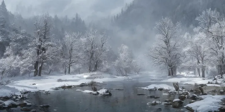8k, breathtaking, view of a snowy forest by the riverside, riverside village, morning lake mist, masterpiece, highly detailed, undefined, snow, mist, style-nebmagic.