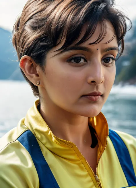portrait of skswoman, disgusted , wearing jumpsuit , with Pixie cut , background frozen lakeside epic (photo, studio lighting, hard light, sony a7, 50 mm, matte skin, pores, colors, hyperdetailed, hyperrealistic), <lyco:Manju Warrier:1.0>