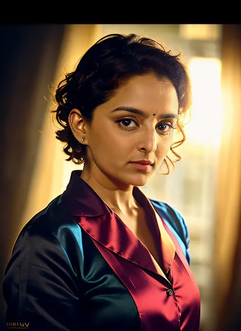 portrait of skswoman, enraged , wearing satin , with Asymmetrical haircut , background Alphonse Mucha epic (photo, studio lighting, hard light, sony a7, 50 mm, matte skin, pores, colors, hyperdetailed, hyperrealistic), <lyco:Manju Warrier:1.0>