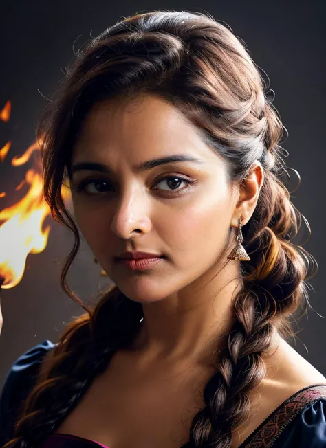 portrait of skswoman, indifferent , wearing tulle , with Side braid , background fire epic (photo, studio lighting, hard light, sony a7, 50 mm, matte skin, pores, colors, hyperdetailed, hyperrealistic), <lyco:Manju Warrier:1.0>