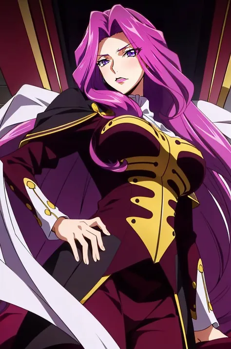 <lora:ANIME_CodeGeass_CorneliaLiBritannia_v10:0.7>cornelia_li_britannia, 1girl, purple eyes, purple hair, long flowing hair, breast, royal outfit, looking down, from below, 64K, f1.2, 800mm, UHD, dynamic lighting