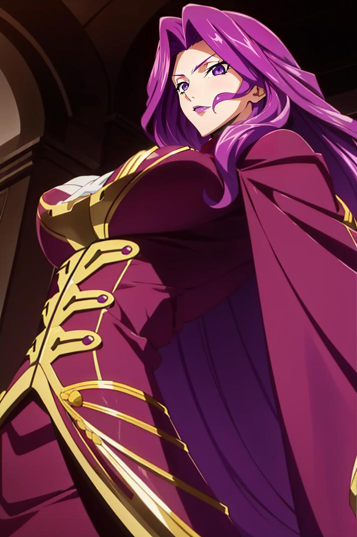 A close up of a woman in a purple dress with a purple cape - SeaArt AI