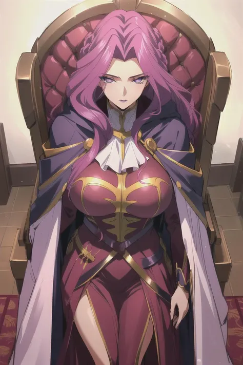 highres, high quality, masterpiece, 1girl, cornelia li britannia, uniform, pink hair, purple eyes, long hair, makeup, looking at viewer, indoors, throne room, huge breasts, cloak, standing, detailed face,<lora:cornelia_li_britanniaV2:0.8>