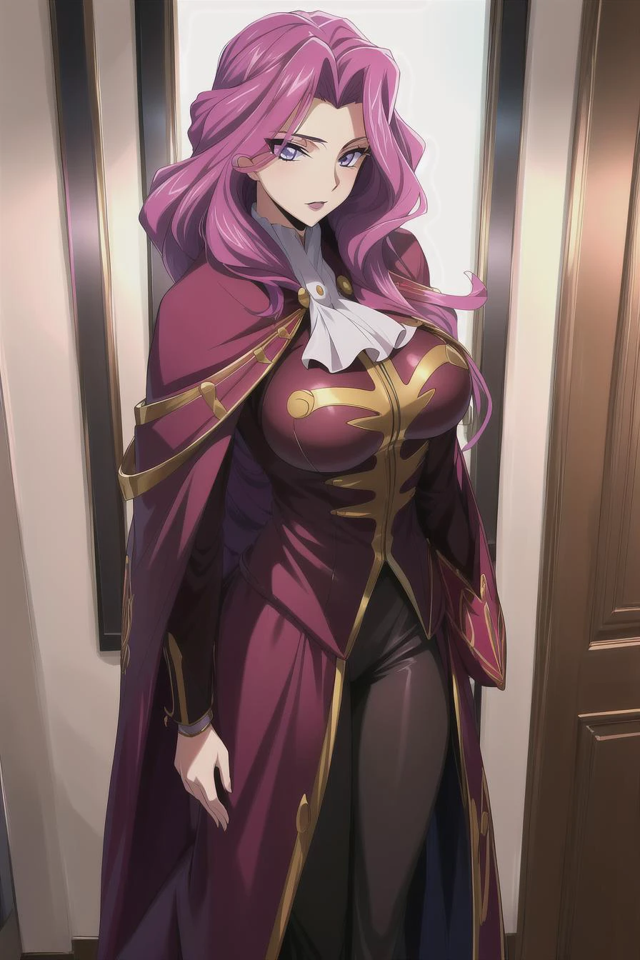 highres, high quality, masterpiece, 1girl, cornelia li britannia, uniform, pink hair, long hair, makeup, looking at viewer, indoors, large breasts, cloak, standing, <lora:cornelia_li_britanniaV2:0.8>