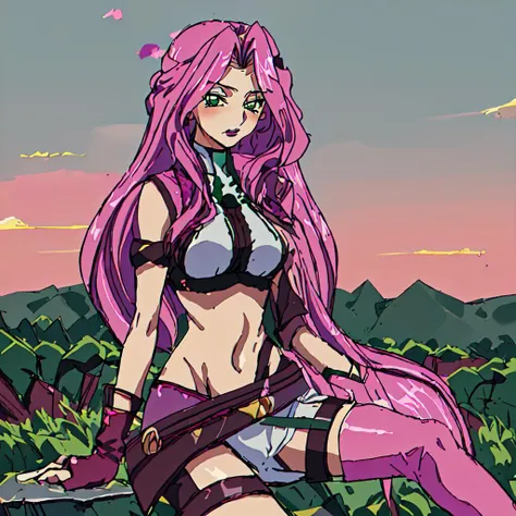 <lora:Cross_Ange-10:1> <lora:cornelia_li_britanniaV2:1>outdoor,Masterpeace,high quality,Cross_Ange, 1girl, solo, long hair, navel, green eyes, pink hair, ahoge, midriff, belt, fingerless gloves, black boots, brown gloves, droopy eyes,pink lips,lipstick