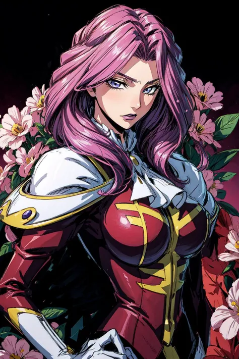 thick outlines, comics, photorealistic, perfect hands, masterpiece:1.2, mecha, flower garden, 1girl, solo, standing, <lora:cornelia_li_britanniaV2:0.7>, cornelia_li_britannia, cornelia_military_uniform, medium breast, detailed background, detailed face, detailed eyes, <lora:add_detail:0.8>
