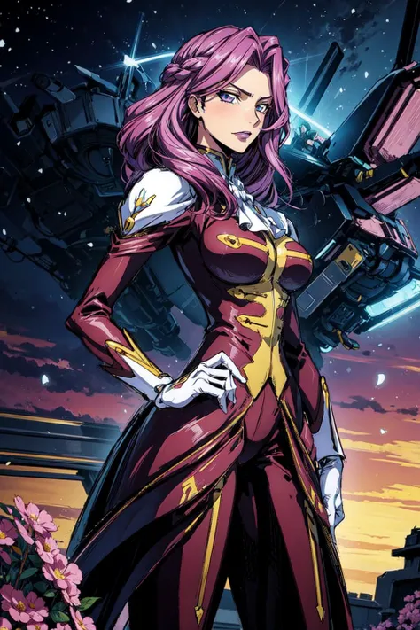 thick outlines, comics, photorealistic, perfect hands, masterpiece:1.2, mecha, flower garden, 1girl, solo, standing, <lora:cornelia_li_britanniaV2:0.7>, cornelia_li_britannia, cornelia_military_uniform, medium breast, detailed background, detailed face, detailed eyes, <lora:add_detail:0.8>