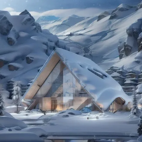 a library with a sofa and book shelves,, (masterpiece),(high quality), best quality, real,(realistic), super detailed, (full detail),(4k),8k,no humans, mountain, snow, outdoors, scenery, reflection, pokemon (creature), window, sky, house, footprints, day, building, tree <lora:XSArchi_127:1>