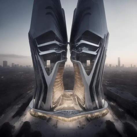 (masterpiece),(high quality), best quality, real,(realistic), super detailed, (full detail),(4k),8k,Dark day, a highly detailed architecture designed by zaha hadid