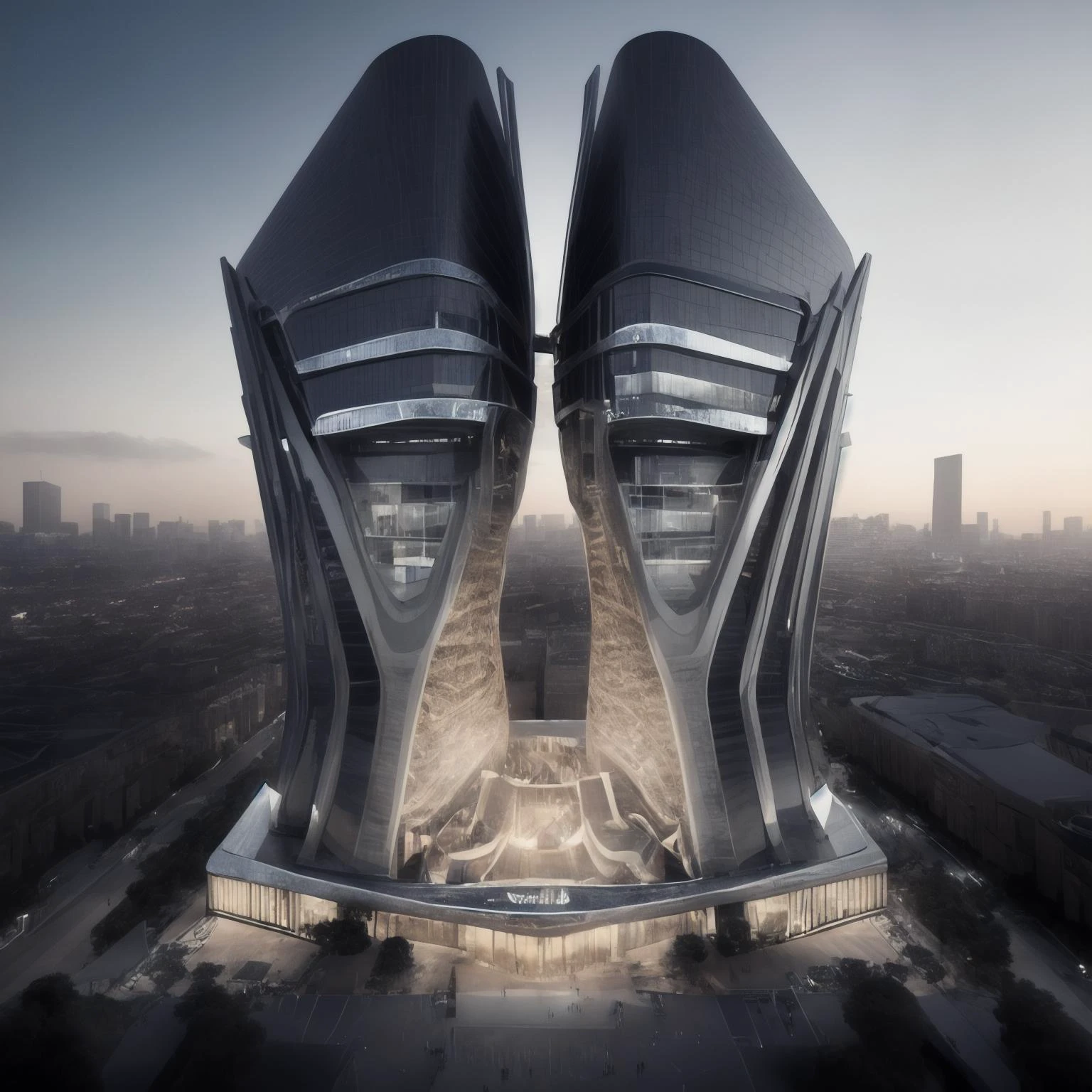 (masterpiece),(high quality), best quality, real,(realistic), super detailed, (full detail),(4k),8k,Dark day, a highly detailed architecture designed by zaha hadid