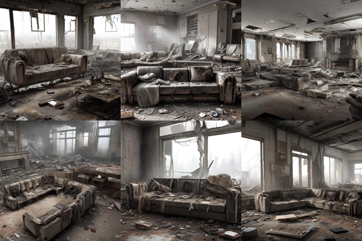(((post apocalyptic)), (destroyed living room, couch)), pretty face in rags