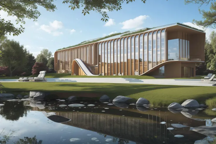 a library with a sofa and book shelves,, (masterpiece),(high quality), best quality, real,(realistic), super detailed, (full detail),(4k),8k,scenery, outdoors,day, house, tree, window, building, grass, blue sky, river, reflection, nature<lora:XSArchi_126:0.6>