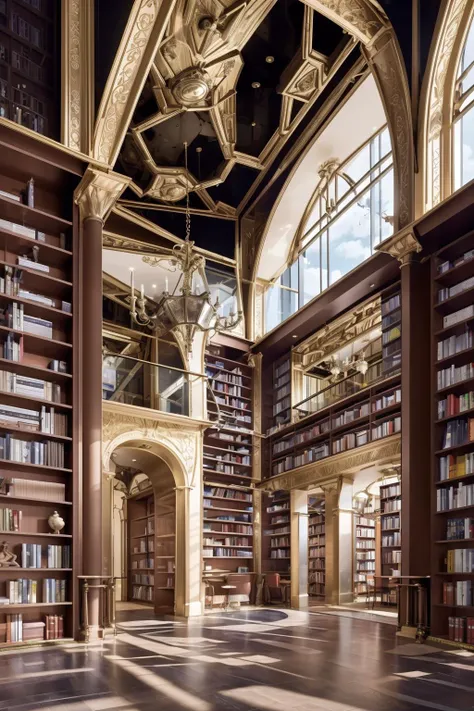 library, book shelves, (masterpiece),(high quality), best quality, real,(realistic), super detailed, (full detail),(4k),8k, no humans,window, ceiling light,  indoors,door  <lora:XSArchi_125v2:0.8>