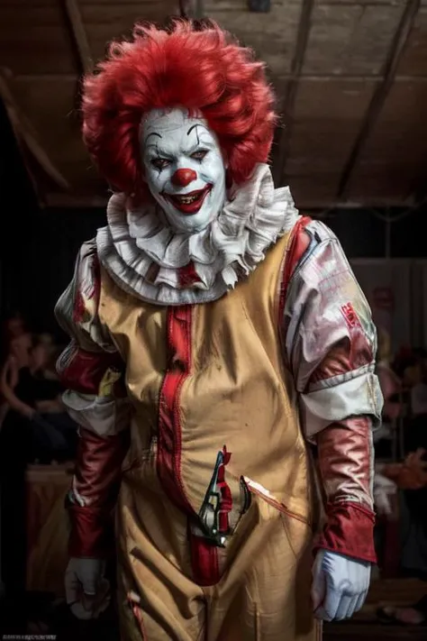 Full HD 3D animation, the pennywise clown is playing the marionette, the marionette is a round emblem in the middle with the word "D", there is a balloon that says "change or sink", in the background money is flying and the words "is this indrive?", scary atmosphere.