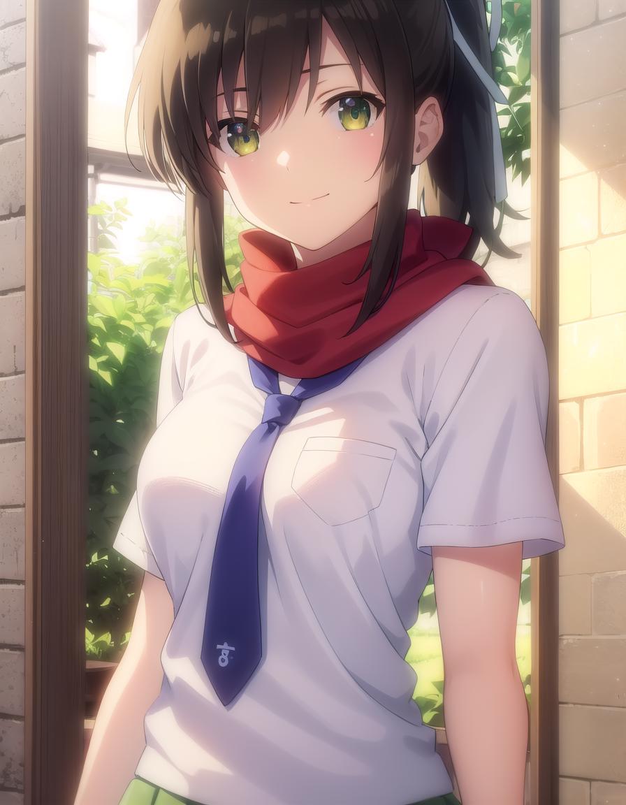 Anime girl with long hair and a scarf standing in front of a window ...