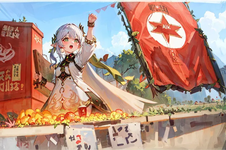 (8k, masterpiece:1.21), (best quality:1.21), {an extremely delicate and beautiful}, (ultra detailed), high res,HDR,
1girl, solo, cute,
<lora:GenshinImpact_yetAnotherNahidaGenshin_nahidav3:1> nahida_genshin, cross-shaped pupils, default dress, green cape,
<lora:SFX_northKoreaPropaganda_v10:0.8>, march, north korea, missle, panzer, tank, warship, war machine, army, leader, propaganda poster, arm up, mouth open, soviet