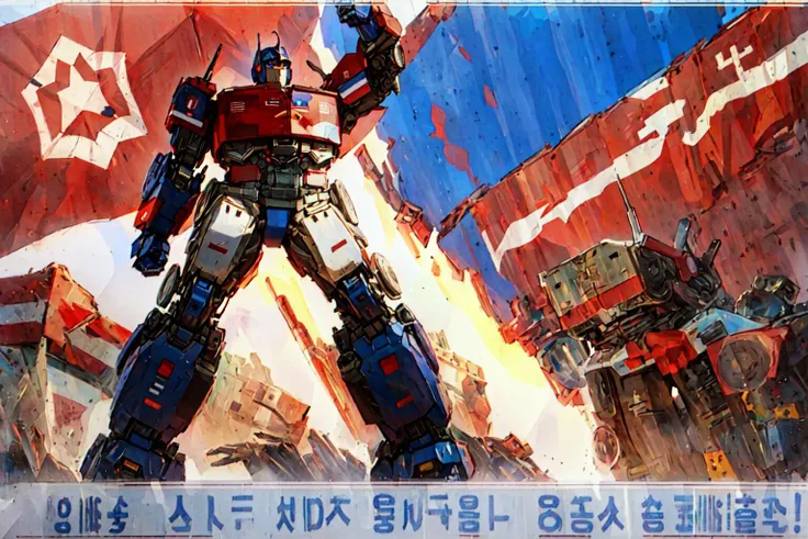 (8k, masterpiece:1.21), (best quality:1.21), {an extremely delicate and beautiful}, (ultra detailed), high res,HDR,
<lora:CHR_OptimusPrime_sxzOptimus:0.9> optms, no humans,  glowing eyes, blue eyes, mecha, robot,
<lora:SFX_northKoreaPropaganda_v10:0.8>, march, north korea, missle, panzer, tank, warship, war machine, army, leader, propaganda poster, arm up,  soviet