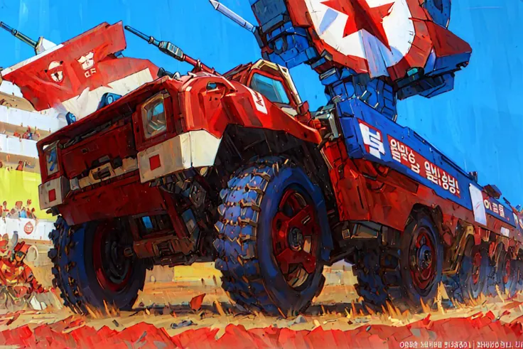 (8k, masterpiece:1.21), (best quality:1.21), {an extremely delicate and beautiful}, (ultra detailed), high res,HDR,
<lora:CHR_OptimusPrime_sxzOptimus:0.9> optms, no humans,  glowing eyes, blue eyes, mecha, robot,
<lora:SFX_northKoreaPropaganda_v10:0.8>, march, north korea, missle, panzer, tank, warship, war machine, army, leader, propaganda poster, arm up,  soviet